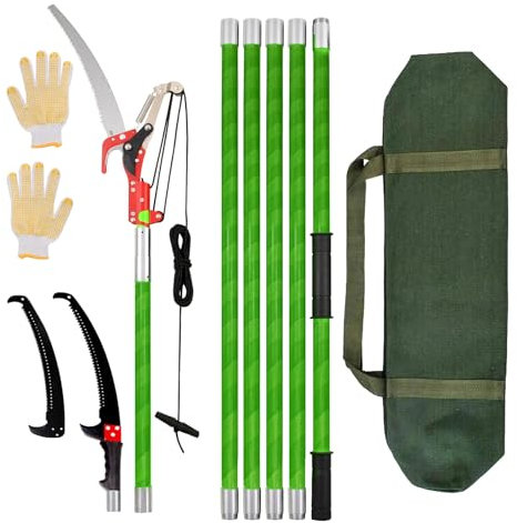 Sierra de podar con mango telescópico, sierra de mano de 6 m, longitud ajustable, podadora de pértiga para palmeras con pértiga de gran alcance y bolsa de transporte - verd