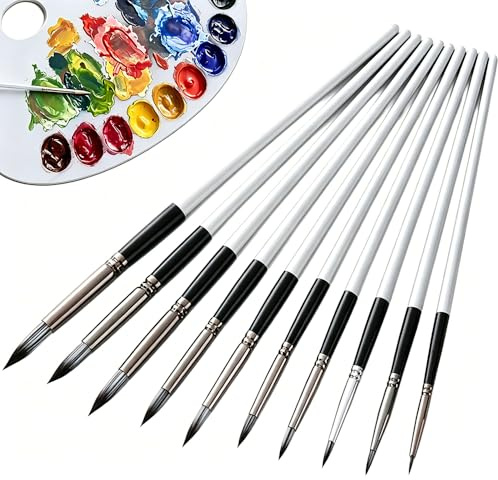 10 Pcs Round Tip Paint Brushes, Synthetic Artist Brush Set, Easy Cleaning Fine Detail Painting Brushes for Watercolour, Acrylic, Oil, Gouache, Beginner Art Supplies