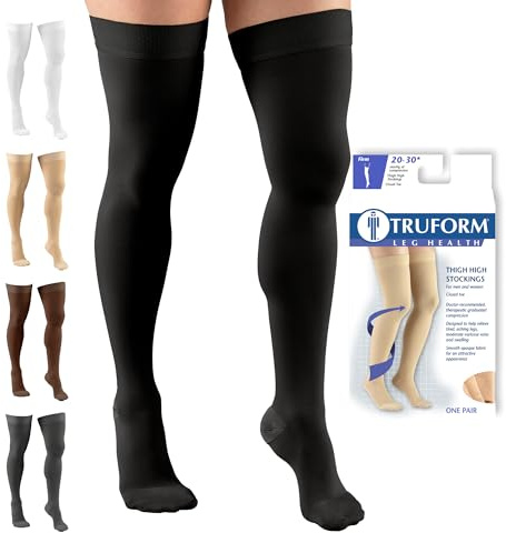 Truform 20-30 mmHg Compression Stockings for Men and Women, Thigh High Length, Dot Top, Closed Toe, Black, X-Large