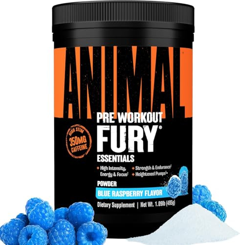 ANIMAL Fury Pre Workout Blue Raspberry - potenciador del entrenamiento con BCAA, beta-alanina, citrulina y 350 mg de cafeína - Para concentración, bombeo y energía - 483g