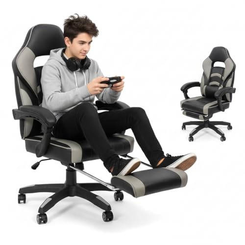 Melko Gamingstuhl Ergonomischer Bürostuhl mit Fußstütze in Schwarz Grau Racing Stuhl Office Schreibtischstuhl Chefsessel Gaming Sessel Gamer Stuhl Racer Drehstuhl Sportsitz