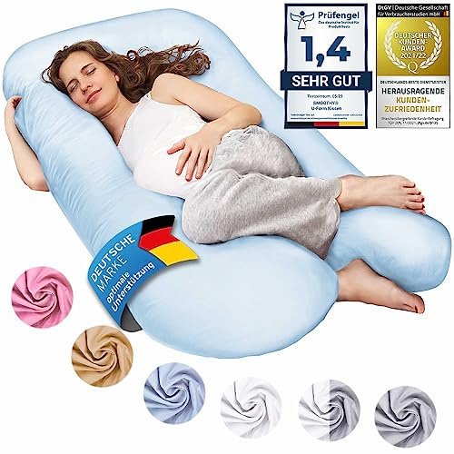 Cuscini per la gravidanza, cuscini per letti laterali cuscini di posizionamento cuscini per neonati e per allattamento a forma di U fodera in cotone 100% lavabile (Junior XL, 120 x 70 cm, Azzurro)