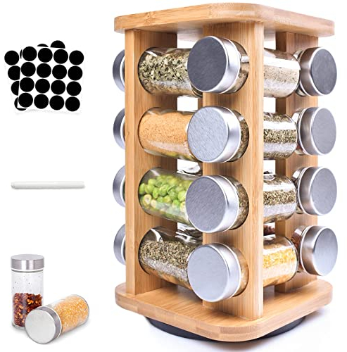 Frasheng Porta Spezie,Portaspezie con 16 Barattoli,Espositore per Condimenti,portaspezie in vetro,Girevole a 360°,Facile da Pulire,Porta Spezie Salvaspazio,Tappi Spargispezie,Legno Naturale,Vetro