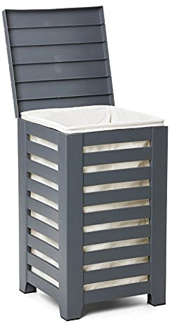 TATAY Dirty Clothes Basket 55L | Includes Washable Inner Bag | Easy Assembly in 5 Minutes | Durable Polypropylene | Modern and Elegant Design | Wood-Look Plastic Bin | 34 x 34 x 58 cm - Grey