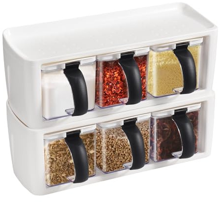 CYAK 2 Pack 3 Grids Seasoning Box with Handle and Spoon Clear Seasoning Storage Container Seasoning Rack Spice Box for Salt, Sugar, Cruet (Clear)