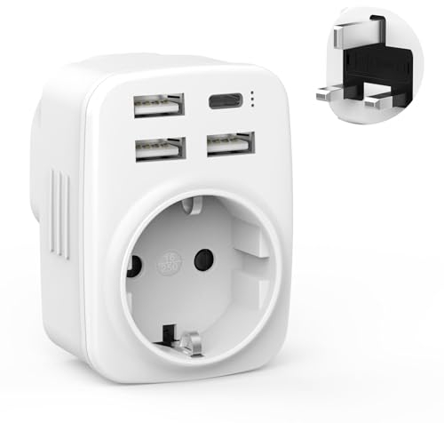 Reiseadapter UK Adapter England Deutschland Stecker mit 1*USB-C, 3 USB-A(3.4A),1*AC, UK Adapter Auf DE EU, Steckdosenadapter England,Reiseadapter Typ G für England/Ireland/Dubai/Maldives/Katar