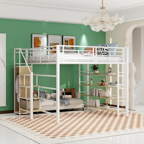 Idemon Letto a soppalco 140 x 200, con scala di sicurezza, vano portaoggetti e piccolo armadio, ripiani, design a recinzione, letto singolo, letto per ragazzi (bianco)