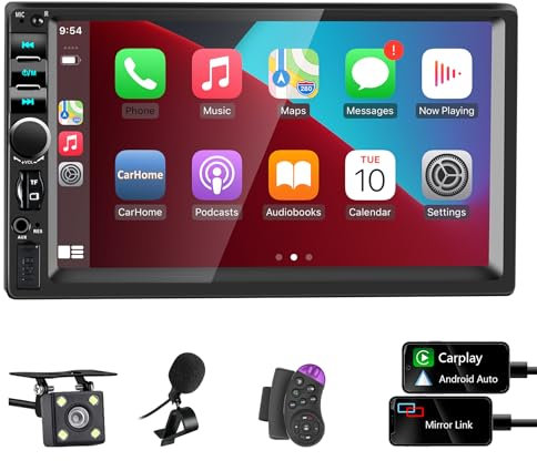 Autoradio 2 Din Bluetooth con Carplay e Android Auto, 7 Pollici con 1080P Schermo Tattile Stereo Auto Supporta Vivavoce/RDS/FM/Collegamento Mirror/Controllo del Volante/USB 2.0 Port/AUX/EQ/TF/WMA