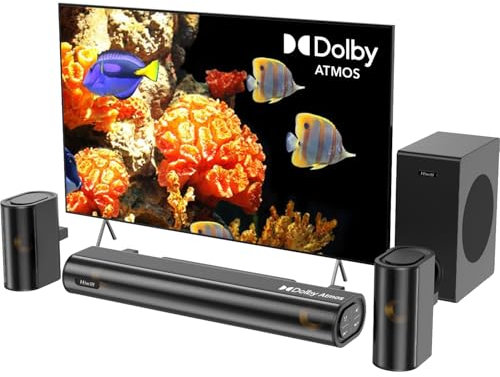 Hiwill 4.1ch Sound Bar with Dolby Atmos, 300W Sound Bar for TV with Subwoofer, 2 Front Surround Speakers, Soundbar Speaker, Adjustable Bass, Surround Sound System for TV, HiElite A41