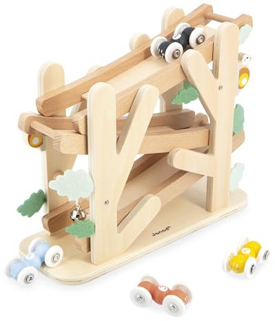 Janod - Tobogán de Madera de 3 Niveles - Rampa de Carreras con 4 Coches incluidos - Tobogán de Coches - Desarrollo de la motricidad Fina - A Partir de 1 año - J04038