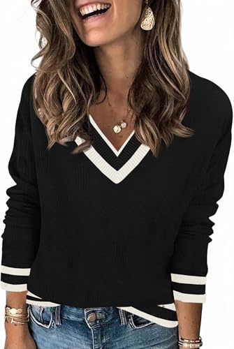 Saodimallsu Maglione da donna a maniche lunghe con scollo a V, maglione a maglia leggero a righe, top in maglia casual basic, maglietta autunno inverno, capi superiori, Nero , XL