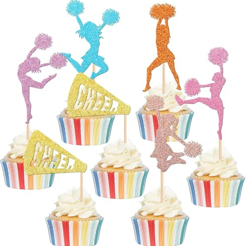 24 Stück Cheerleaderin Cupcake Toppers Glitzer Cheerleader Cupcake Toppers Cheerleading Gymnastik Kuchen Deko für Cheerleaderin Thema Mädchen Geburtstag Party Kuchen Dekorationen Buntes