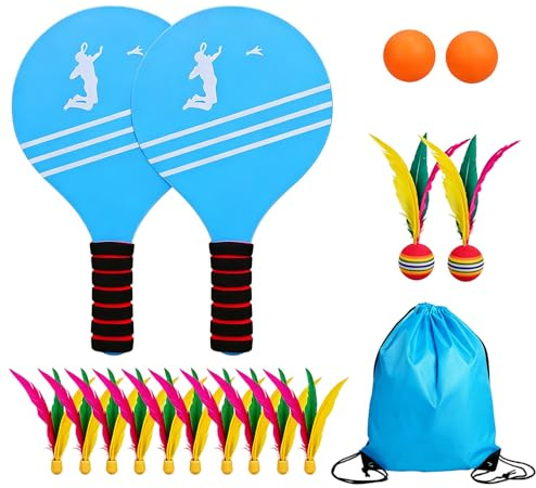 KQWVZ Beach Bat and Ball Set, Wooden Paddle Ball, Game Wooden Beach Bat Set - 2 Rackets 12 Birdies 2 Balls, Paddle Game Kit for Family with Storage Bag, BeachGames Toys for Family Boy Girls