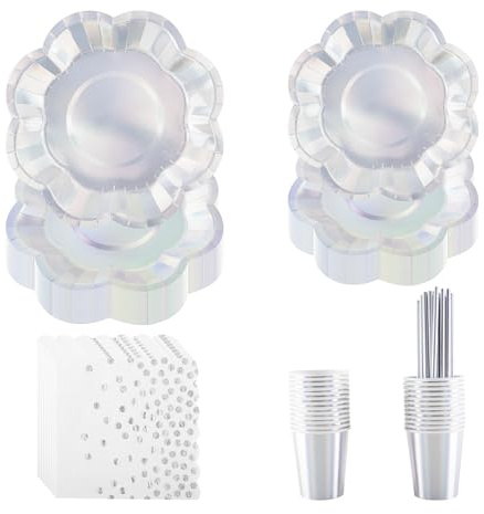 CEILIWEN Set med 25 gäster iriserande festtillbehör, 125 st skulpterade papperstallrikar, servetter, koppar, sugrör, sjöjungfrutema, födelsedag, bröllop, disco, festservis