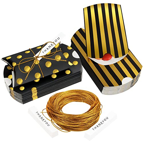 Belle Vous Pack de 50 Caja para Regalo Negra y Dorada en Forma de Almohada - Cajas Bonitas con Cuerda y Etiquetas - Diseño Vintage de Lunares y Rayas para Bodas, Cumpleaños, Baby Shower, Navidad