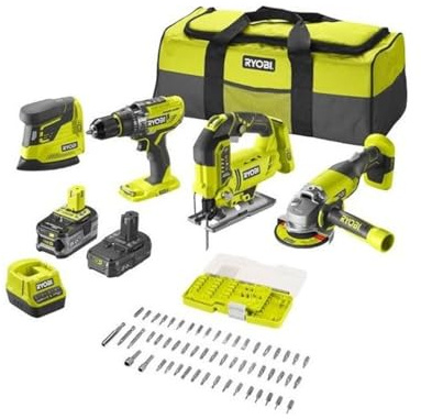Ryobi Wireless Combo 18 V | Schleifmaschine, Bohrer, Schleifmaschine, Säge mit 2 Akkus