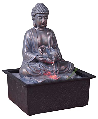 Fontaine d’Intérieur Bouddha Méditation Lotus Lumière LED Coloré – Déco Zen Salon Chambre - Fontaine de Table Mouvement Relaxant - Porte-Bonheur Cadeau Utile Femme et Homme – H 26cm – Sutra Zen’Light