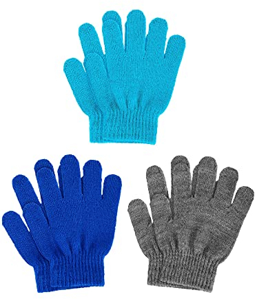 Geyoga 3 Paar Winter Kinder Gestrickte Handschuhe Kinder Strickhandschuhe Elastische Fäustlinge (Grau, Himmelblau, Seeblau, M)
