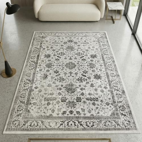 CARPETIA Diskret orientalisk matta med växtdekorationer och ornament i kräm, 200 x 290 cm | Mjuk, lättskött, smutsavvisande och slitstark, OEKO-TEX-testad, för golvvärme, hall och vardagsrum