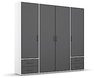 Rauch Möbel Voyager, Kleiderschrank für Schlafzimmer, Kinderzimmer, Babyzimmer, Jugendzimmer, Flur, 4-türig, 4 Schubladen, mit Zubehör Basic, Farbe Gra umetallic, Schwarz/Weiß, Breite 187cm