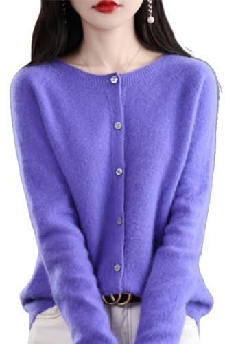 TeysHa Women's Cashmere Cardigan Sweater,Wool Crew Neck Button Down Long Sleeve Cardigan Sweater,Soft Warm Knit Elastic Jumpers (Blue-Violet,Small)