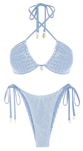 ZAFUL Women's Bikini Set Fishnet Triangle Tie Convertible Collar Halter Bandeau Shell Two Piece Bathing Suit Blue M