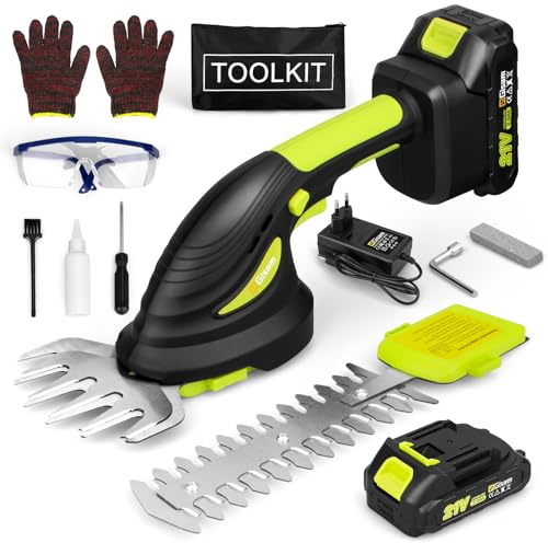 Gisam Mini Cortasetos Electrico, Tijeras de Césped & Cortasetos a Bateria 2 en 1, Tijeras de Podar con 2 x 2Ah Baterías Recargables, Desbrozadora Multifuncion a Mano para Jardinería (Verde2)