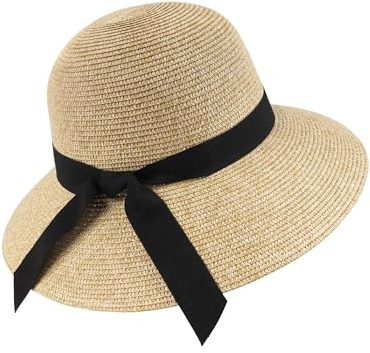 Zylioo Piccolo cappello da sole in paglia, cappelli da spiaggia a tesa larga, cappelli da viaggio floppy per teste piccole, piccoli cappelli da pesca UPF, Bowknot-misto Beige, XS/S