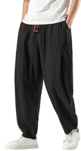 WAZHAKU Pantalon sarouel baggy pour homme Goa - Style japonais - Pantalon de loisirs - Pantalon baggy chinois - Pantalon sarouel - Hippie Yoga Ballon Bloomer - Décontracté - Pantalon de course ample,