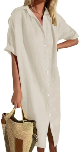 shownicer Vestiti Donna Estivi Abito in Lino Scollo a V Manica Corta Vestiti Casual Tinta Unita Vestito Lunga Camicia Vestiti da Spiaggia Midi Dress A Albicocca M