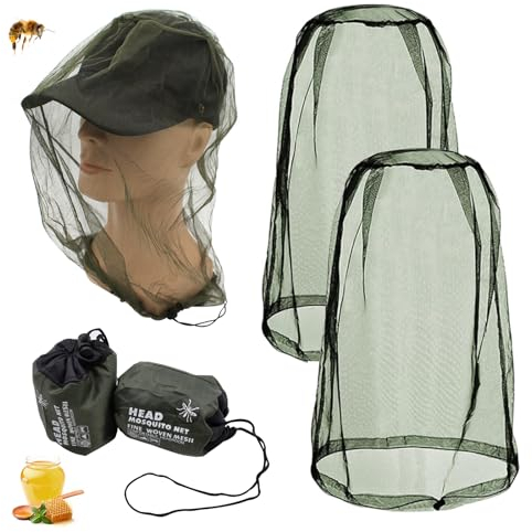 Masque Anti Tête de Moustique 2 Pièces Filet de Tête de Moustique avec 2 Pièces Sac de Transport Chapeau Moustiquaire Tête de Moustique Net pour ExtéRieur Apiculteur Camping Pêche (Vert)