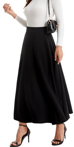 Yanhalo Womens Winter Mid Carf Long Skirt Stretch Slim fit A Line Falred Casual Cotton Maxi Skirt Black