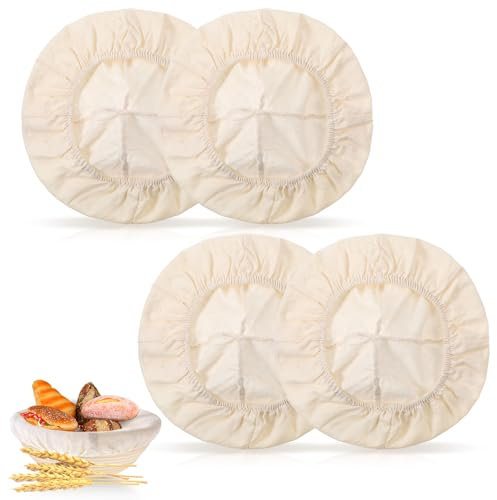 Oruola 4 fundas Banneton, cubiertas de cuenco de 10 pulgadas para prueba de pan, reutilizables, de algodón natural, lino, ratán, para panadería, hogar, horneado redondo