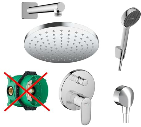 Hansgrohe Duschsystem mit Unterputz Duscharmatur von Hansgrohe Regendusche mit Armatur, Duschkopf rund, Wandarm Dusch-SET HGK07-ob poliert