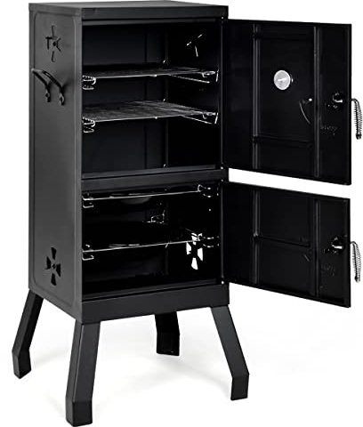 SPOTRAVEL Vertical Charcoal BBQ Grill Smoker with Thermometer, 2 Doors, 2 Pots, 8 Vents & Side Handles - Portable Roaster Barbecue for Outdoor Cooking and Grilling