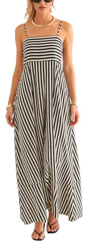 CUPSHE Women's Maxi Dress Sleeveless Spaghetti Strap Flowy Summer Casual Striped Dress with Pockets Black S