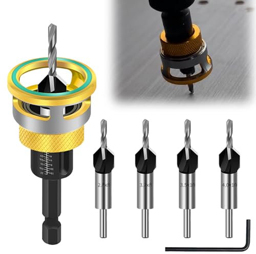 Juego de brocas avellanadoras cónicas de 6 piezas, pretaladrado y bajado en un paso, con tope de profundidad, vástago hexagonal de 1/4 pulgadas, HSS-M2, para taladros precisos de madera