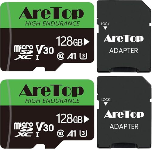 Aretop Scheda Micro SD da 128 GB, 2 pezzi, con 2 adattatori MicroSDXC, UHS-I U3 V30 A1, registrazione video Full HD Micro SD Memory Card per fotocamera/smartphone/drone/Dash Cam
