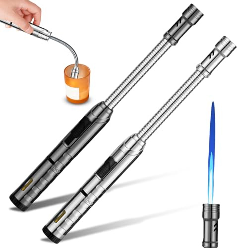 2 mecheros de gas recargables, 25 cm, 360°, resistente al viento, para velas, camping, barbacoa, chimenea, regalos para hombres (sin gas)
