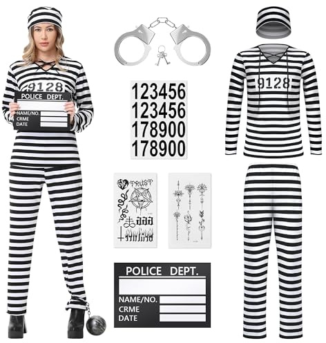 BuntWunder Disfraz Preso Mujer, Traje Carcel Convicto con Esposas, Uniforme Penitenciario Blanco y Negro, Cosplay Carnaval Fiesta (XL)
