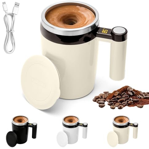 Selbstrührende Kaffeetasse, 380ml Automatischer Selbstrührung Tasse, Elektrischer Selbstrührende Becher mit Temperaturanzeige, Magnetische Mixerbecher für Kaffee, Milch, andere Getränke (Beige-Braun)