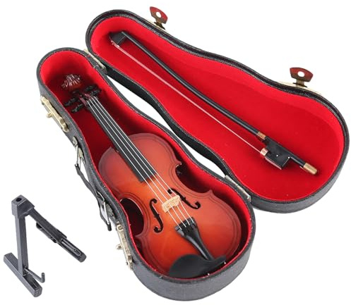 Mini World - Piccolo violino con arco e custodia, in miniatura per casa delle bambole, casa, ufficio, oggetto da collezione