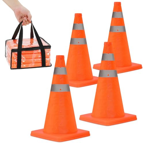 Conos de tráfico plegables, juego de 4, conos de advertencia con tiras reflectantes, plegables, 45 cm, ligero y ahorra espacio, polipropileno y tela Oxford, para aparcamiento, coche y emergencia