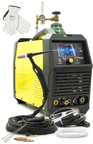 Magnum THF 238 PRO LCD v2 WIG svetsmaskin AC DC aluminium 200A SET – inkl. 8 l argon gasflaska, tryckreducerare roameter och tillbehör – HF tändning inverter svetsmaskin Bestschweissen.de