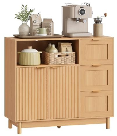 WOLTU Credenza, Mobile da Cucina con 3 Cassetti, Buffet Cucina in Legno, con Ripiano Regolabile, Scomparto Aperto e 2 Ante, Salvaspazio, per Soggiorno, Sala da Pranzo, 90x35x80 cm, Effetto Legno