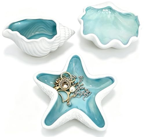 KFSCIP 3 PCS Jewellery Dish Ring Holder, Starfish Shell and Conch Ring Dishes for Vanity Organisation, Blue Ceramic Trinket Box and Jewellery Tray