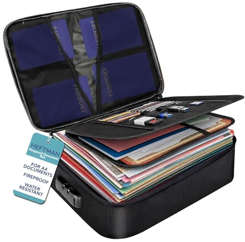 HEFTMAN Fireproof Document Box - Portable File Organiser for A4 Documents | Large Capacity, Waterproof & Fireproof Document Bag with Lock for Passports, Certificates, Legal Files, Valuables (Black)