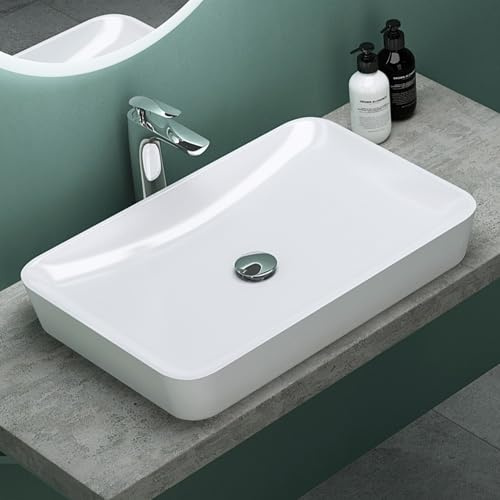 Mai & Mai Lavabo sobre Encimera Rectangular de Baño, Mármol Fundido, Blanco Brillante, 60x40x9 cm, sin Orificio para Grifo y sin Rebosadero – Colossum815