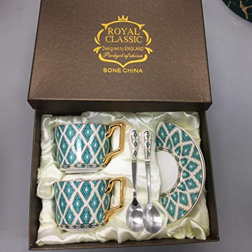 XUDREZ Taza de té de porcelana vintage británica, tazas de café de cerámica, juego de té creativo de porcelana de hueso con taza de café, platillo, cucharadita (6)