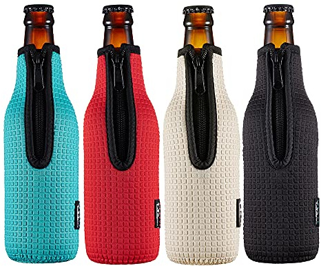 Beer Bottle Sleeve Insulators 12oz 330ml Standard Beer Bottle Cooler Covers Zip-up Bottle Jacket 12OZ Beer Bottle Holder Non-slip Thick Neoprene Sleeves 4PC Pack (Black/Red/Blue/Grey)